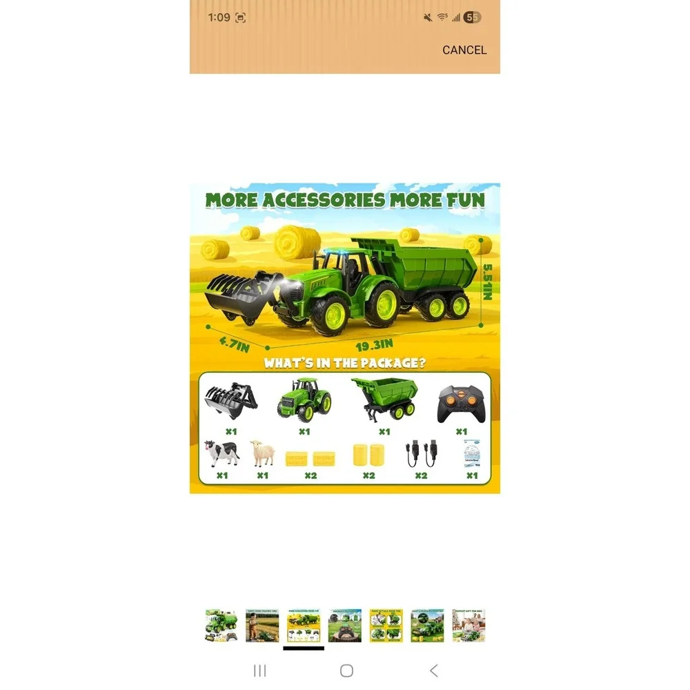 Funwee RC Farm Tractor Toy 1:24 Scale 2.4GHz 6-Channel Remote Control Farm Set